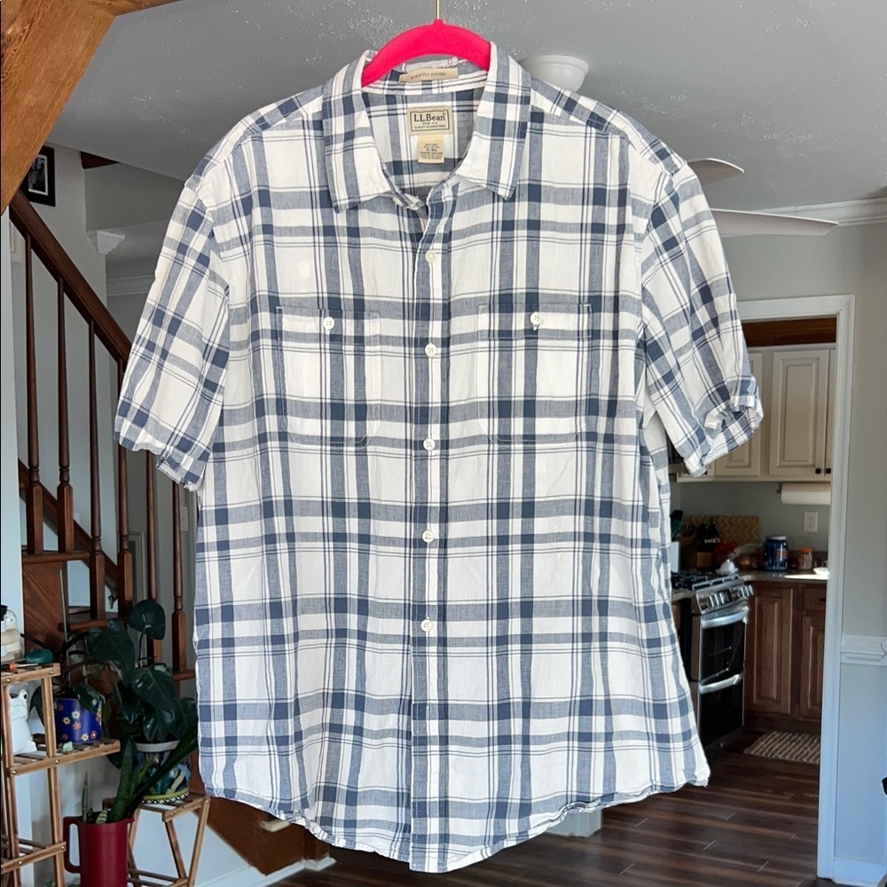 L.L. Bean Men's Linen Blend Checkered Short Sleeve Button Up Shirt XL